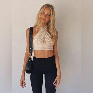 Princess Poly CHAYSE TOP BEIGE Halter cropped stretch deep V Size 12 NEW NWT